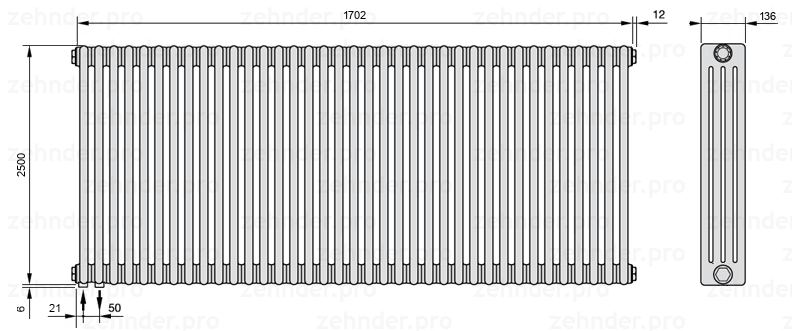 Схема (чертеж) Радиатор Zehnder Charleston 4250/37 №3370 Белый глянцевый RAL 9016